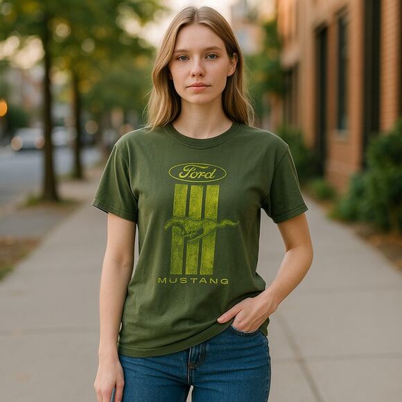 Gildan‎ Heavy Cotton Ford Mustang Tee Olive Lime Green Sz S Women's Men's - Picture 1 of 6